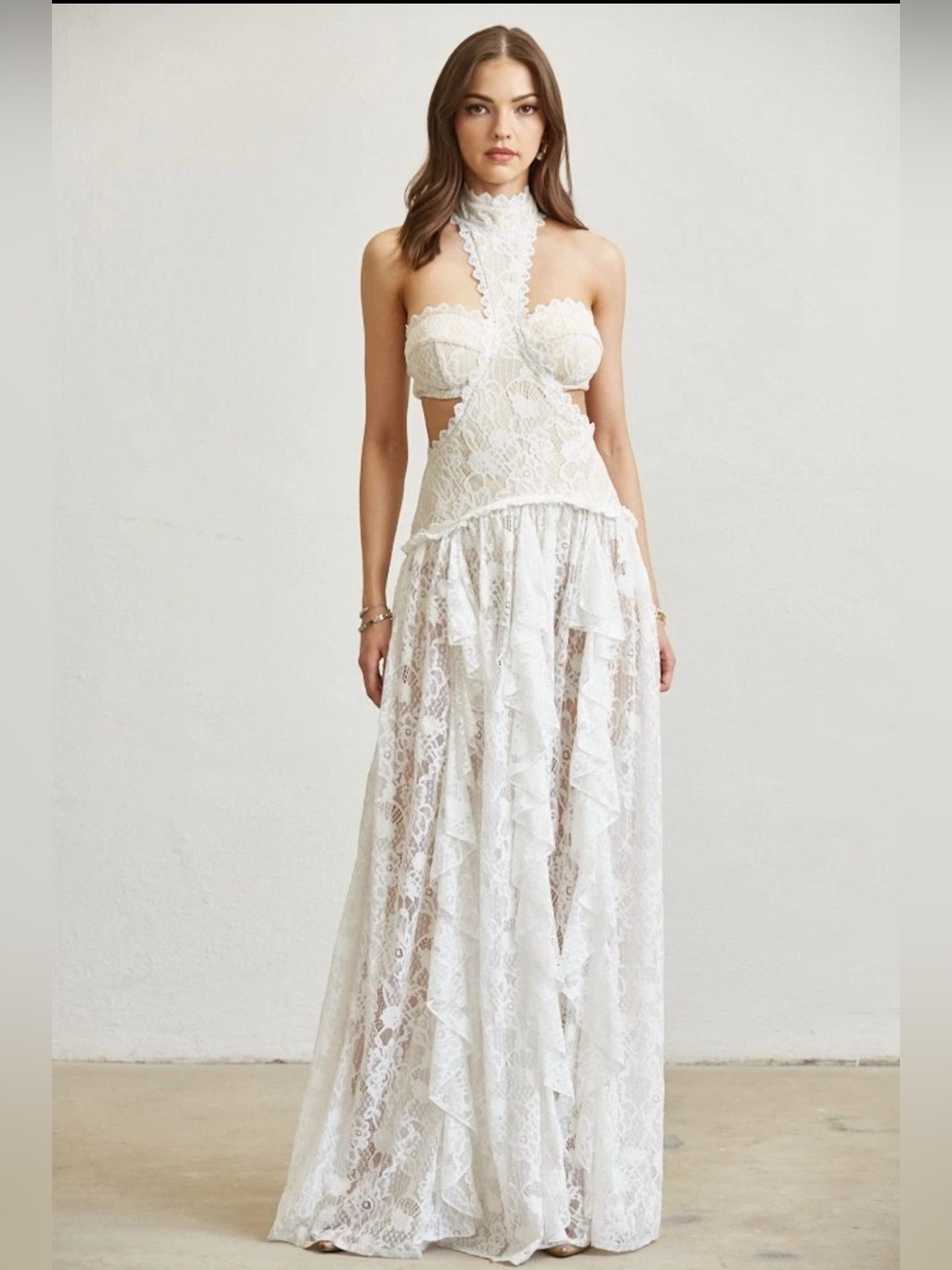 Lace Ruffle Drop Waist Maxi Dress With Cutouts - Blithe Nwt!